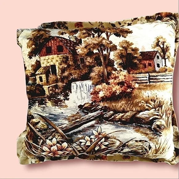 Velvetty Vtg Farm Fall Scene Square Throw Pillow - Picture 1 of 10